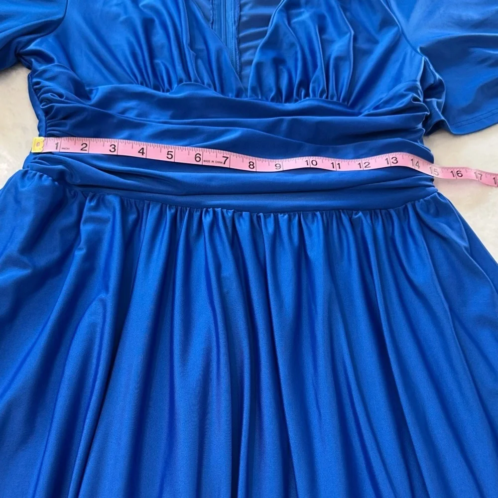 Royal Blue Satin Maxi Gown with Plunge Neckline and Dolman Sleeves - Picture 12 of 16